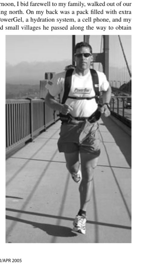 Dean crosses the Golden Gate Bridge, on his journey to the Napa Valley Marathon starting line.
