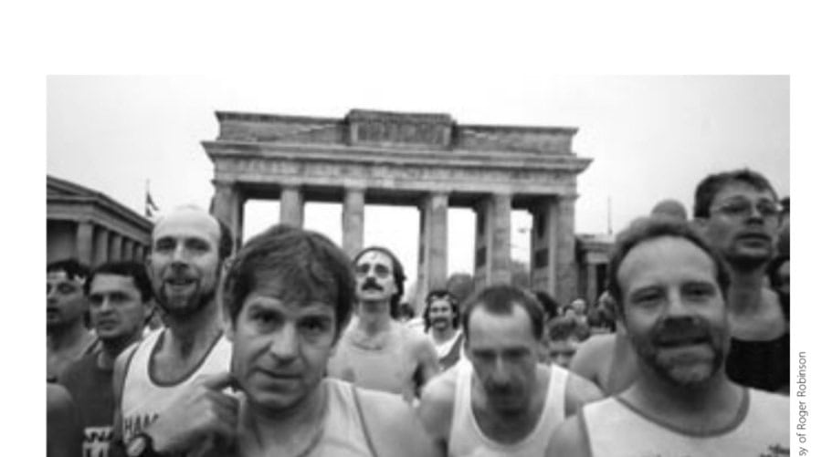 Outrunning The Sound Of The Doodlebug 11 Runners from several European nations after passing the Brandenburg Gate.