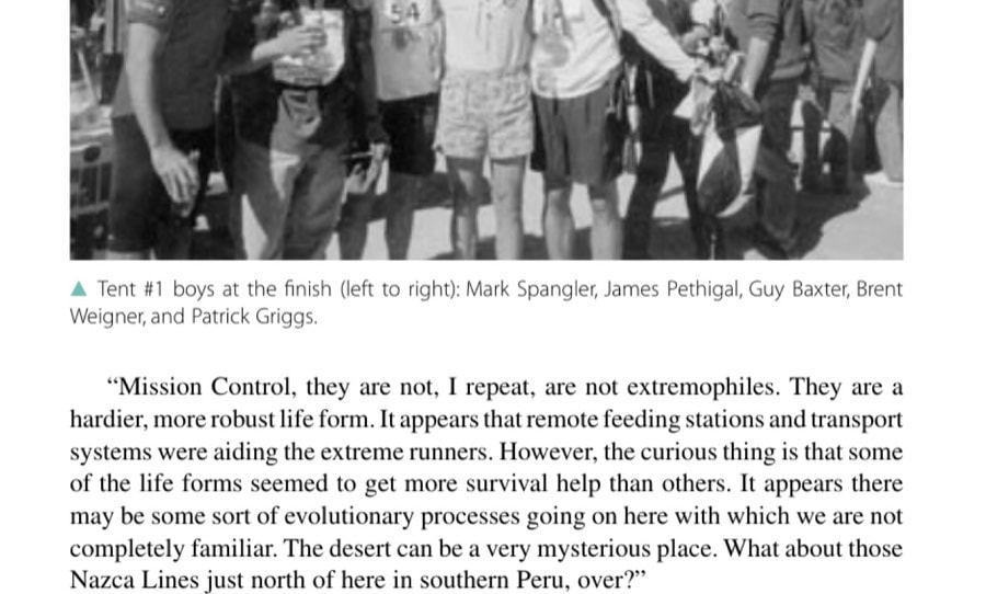 Running On Mars: Outer Space Or Spaced Out? 26 Tent #1 boys at the finish (left to right): Mark Spangler, James Pethigal, Guy Baxter, Brent Weigner, and Patrick Griggs.