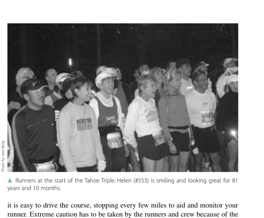 Triple Threat 12 Runners at the start of the Tahoe Triple. Helen (#553) is smiling and looking great for 81 years and 10 months.