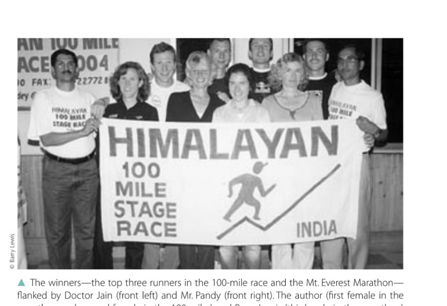 The winners—the top three runners in the 100-mile race and the Mt. Everest Marathon—flanked by Doctor Jain (front left) and Mr. Pandy (front right). The author (first female in the marathon and second female in the 100-miler) and Barry Lewis (third male in the marathon) are second and third from left.