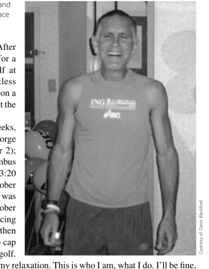 The author, tightly wound and tightly bound in an ill-fitting, pace leader shirt.