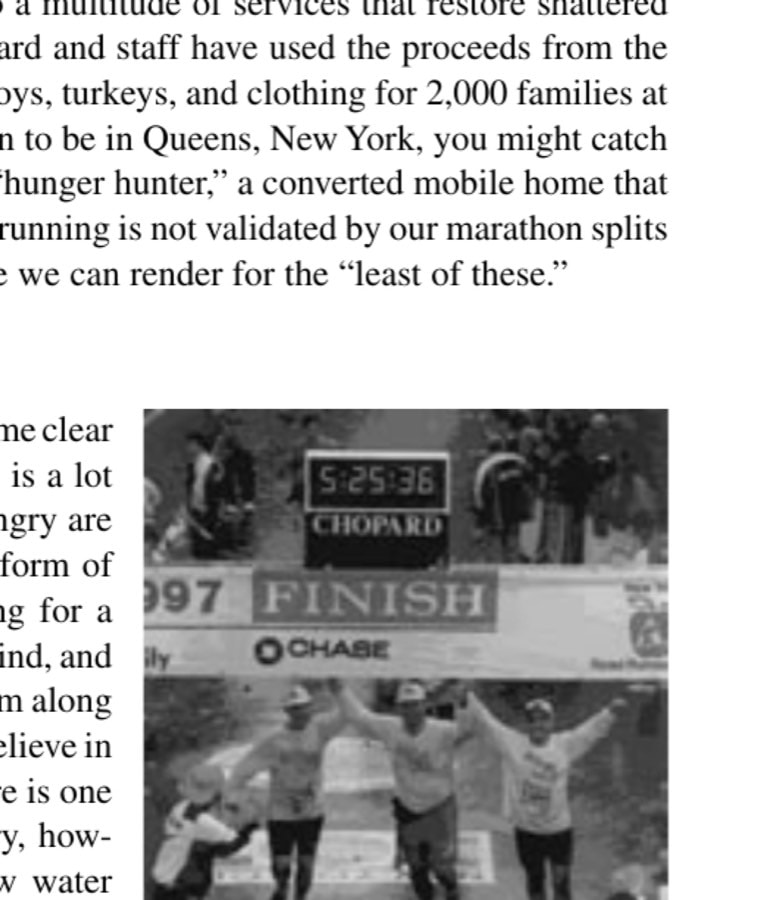 Running For A Higher Purpose 8 Father Jim (center) finishes the 1995 NYC Marathon with vice chair, Neil Sheehan, and then executive director, Hossein Sadaat.