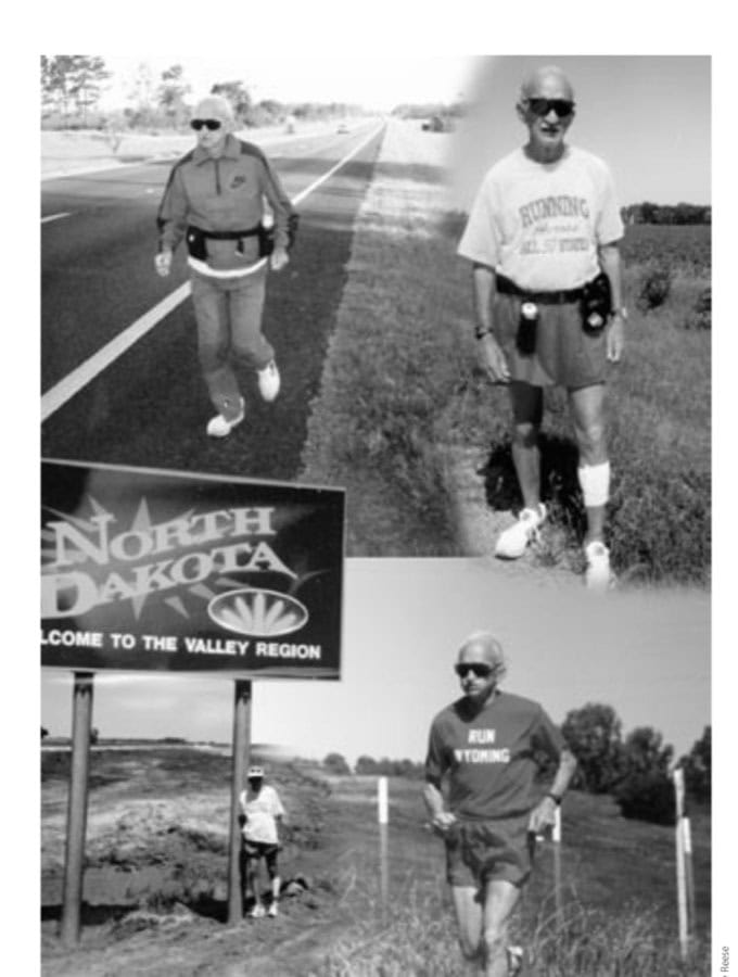 Paul Reese’S Run Across The Usa 7 Clockwise from top left: Paul plodding along the highway on a cool day; Paul sporting his "Col. Sander's" white beard; Paul communing with nature in Wyoming; Paul crossing the North Dakota state line.