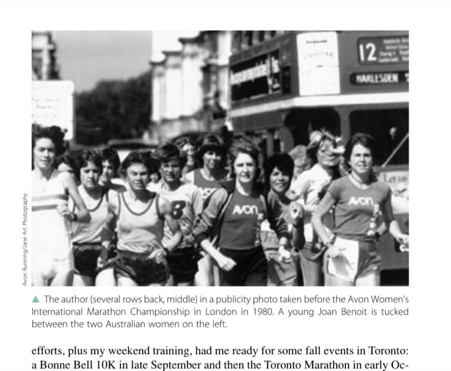 The author (several rows back, middle) in a publicity photo taken before the Avon Women's International Marathon Championship in London in 1980. A young Joan Benoit is tucked between the two Australian women on the left.
