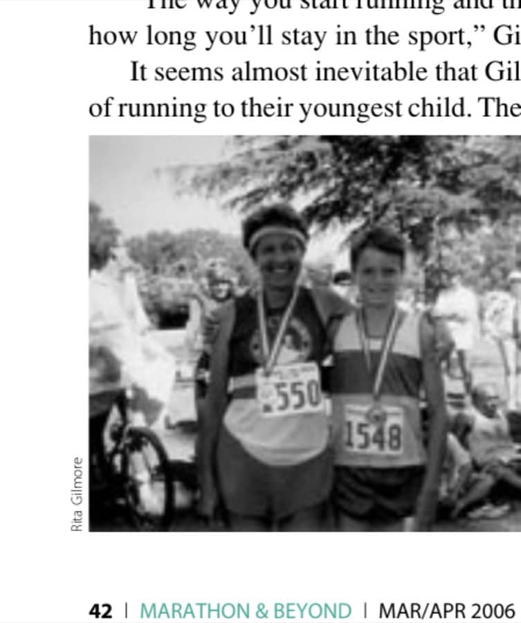 Gilmore and his mom, Rita, after the 1989 Will Rogers 5K/10K, where Gilmore won the 12 and under division in 20:26.