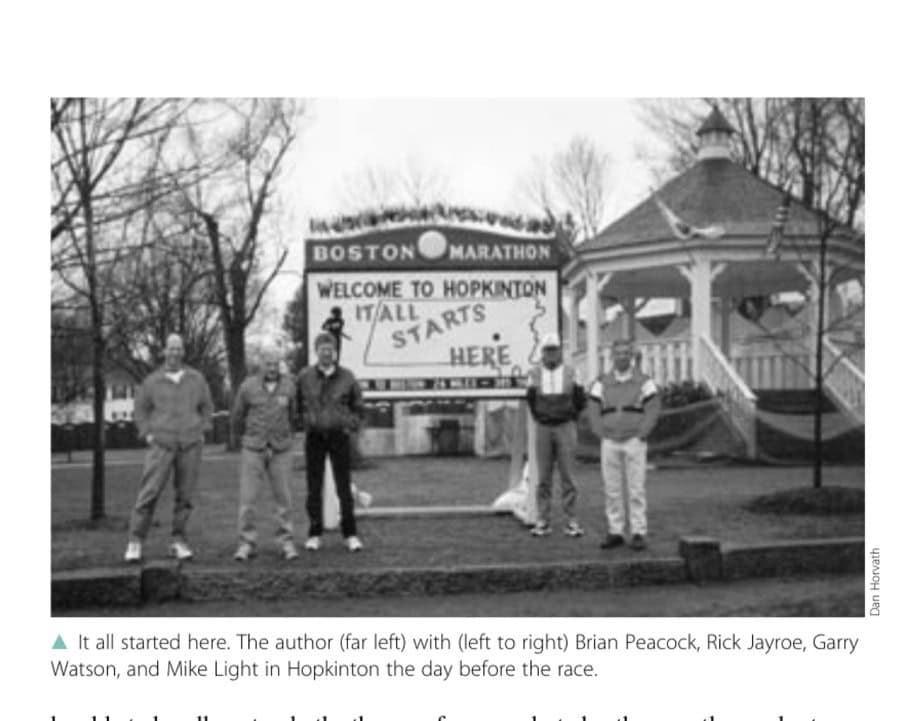 Running's Woodstock 10 It all started here. The author (far left) with (left to right) Brian Peacock, Rick Jayroe, Garry Watson, and Mike Light in Hopkinton the day before the race.