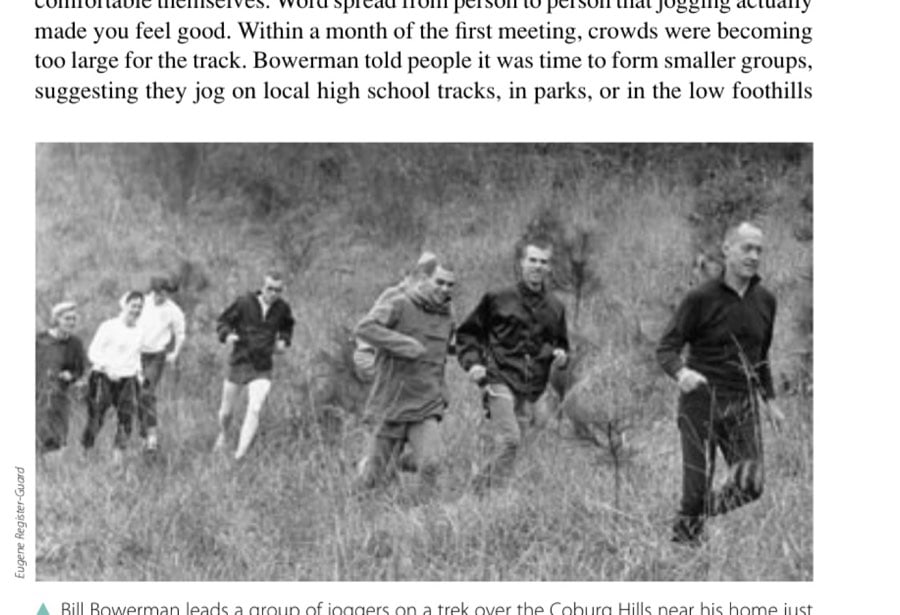 In The Beginning 5 Bill Bowerman leads a group of joggers on a trek over the Coburg Hills near his home just outside of Eugene, Oregon, in 1963.