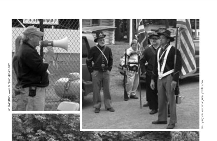 Scenes from the race: Race Director Clark Gilbert telling one more story of when he was a little boy. Group of re-enactment Soldiers of Battery D from the Pig War on San Juan Island, 1859. Shaded marathon route along the west side of San Juan Island.