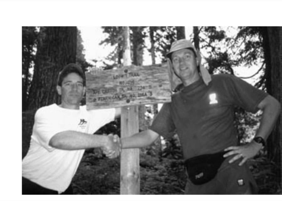 Finished with the main Loowit loop, McQuaide and Kardong shake hands before heading down the last mile and a half to the parking lot.