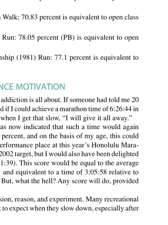 Ancient Marathoner’S Addiction 3 The author finishes the 1989 Honolulu Marathon in sixth place out of 90 males aged 65 to 69, in 3:35:57, for an age performance of 74.18%.