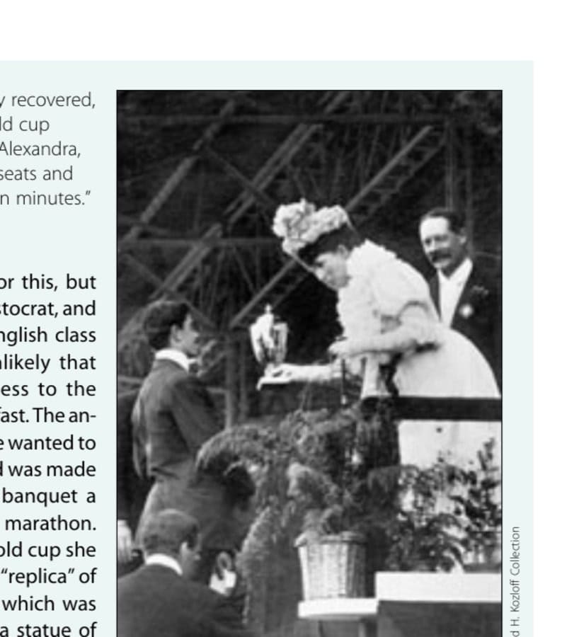 Dorando Pietri, fully recovered, receives his special gold cup next day from Queen Alexandra, "People rising in their seats and cheering him for fifteen minutes."