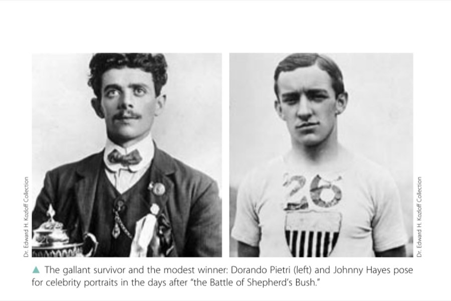 The gallant survivor and the modest winner: Dorando Pietri (left) and Johnny Hayes pose for celebrity portraits in the days after "the Battle of Shepherd's Bush."