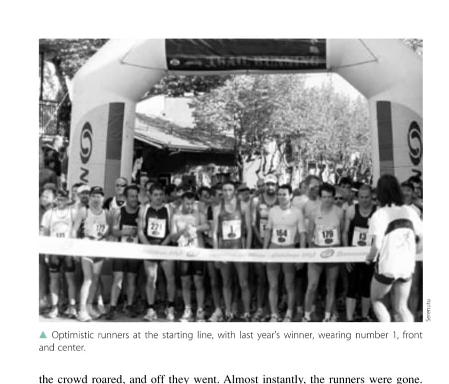 Optimistic runners at the starting line, with last year's winner, wearing number 1, front and center.