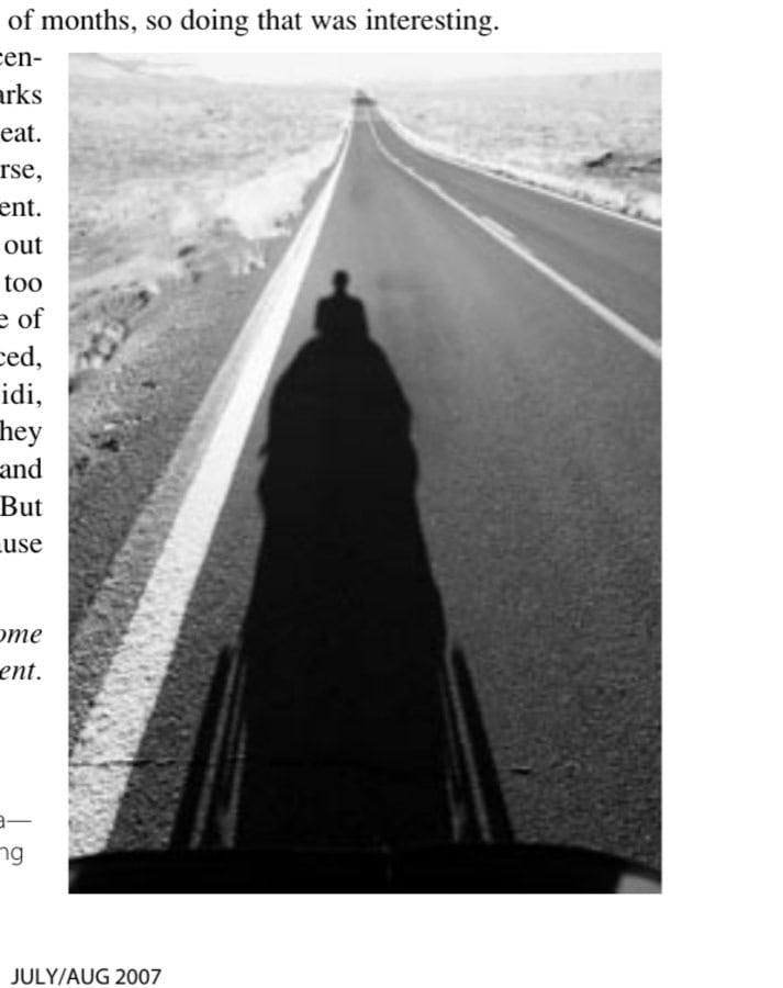 Near Cliff Dwellers, Arizona—long roads, long shadows, long days.