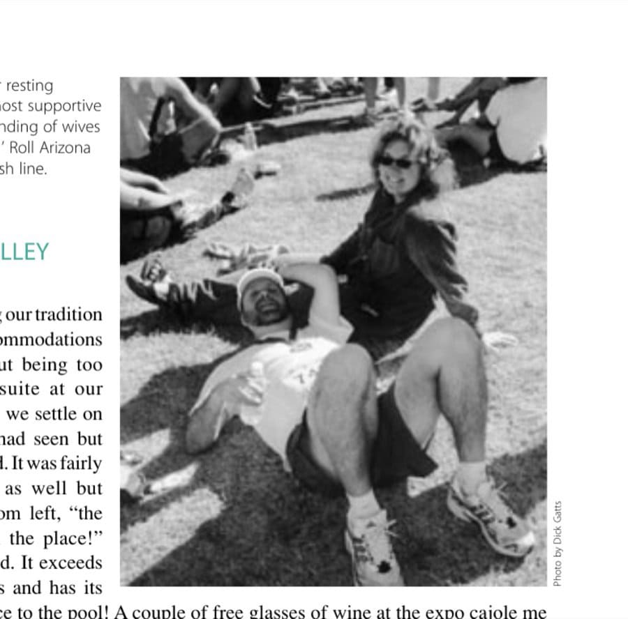 The author resting against the most supportive and understanding of wives at the Rock 'n' Roll Arizona Marathon finish line.