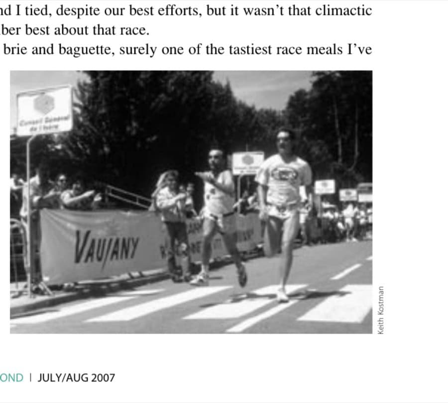 Fuel For The Finish Line 6 1993 Triple Ironman: Chris Kostman, right, sprints for 17th place against German entrant Guenter Teichmann. They tied.