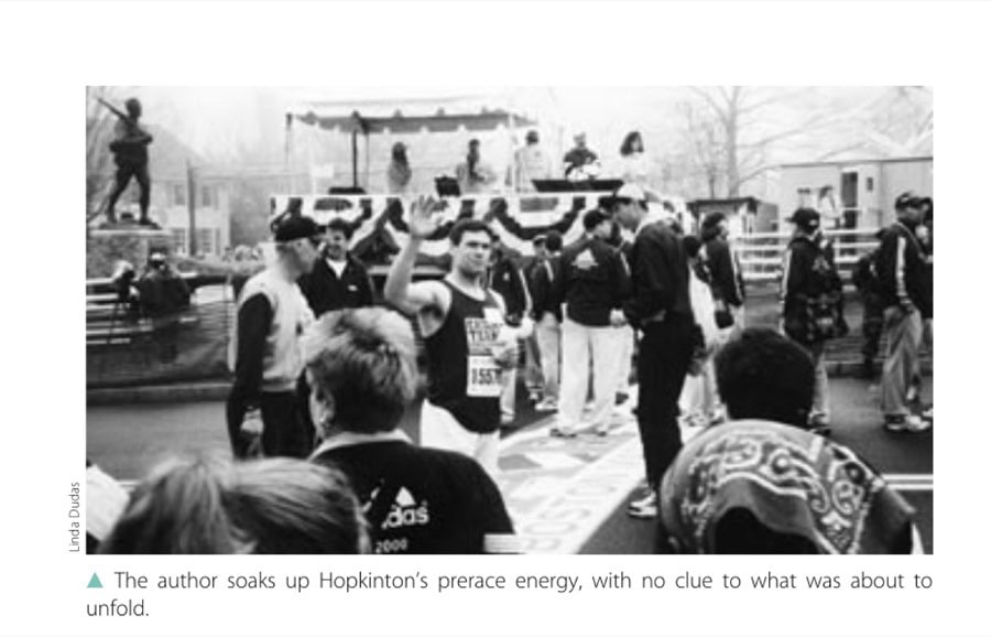 The author soaks up Hopkinton's prerace energy, with no clue to what was about to unfold.