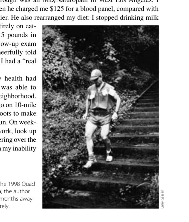 Steps from the finish of the 1998 Quad Dipsea, Mill Valley, California, the author is struggling but is still five months away from quitting the sport entirely.