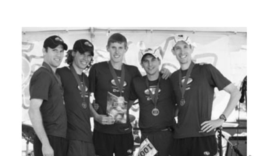 (left to right) Luke Humphrey, Ryan Sheehan, Josh Moen, Pat Rizzo, and Marty Rosendah celebrate a Hansons-Brooks victory at the 2007 USATF National Club Marathon Relay Championships in Denver, Colorado.