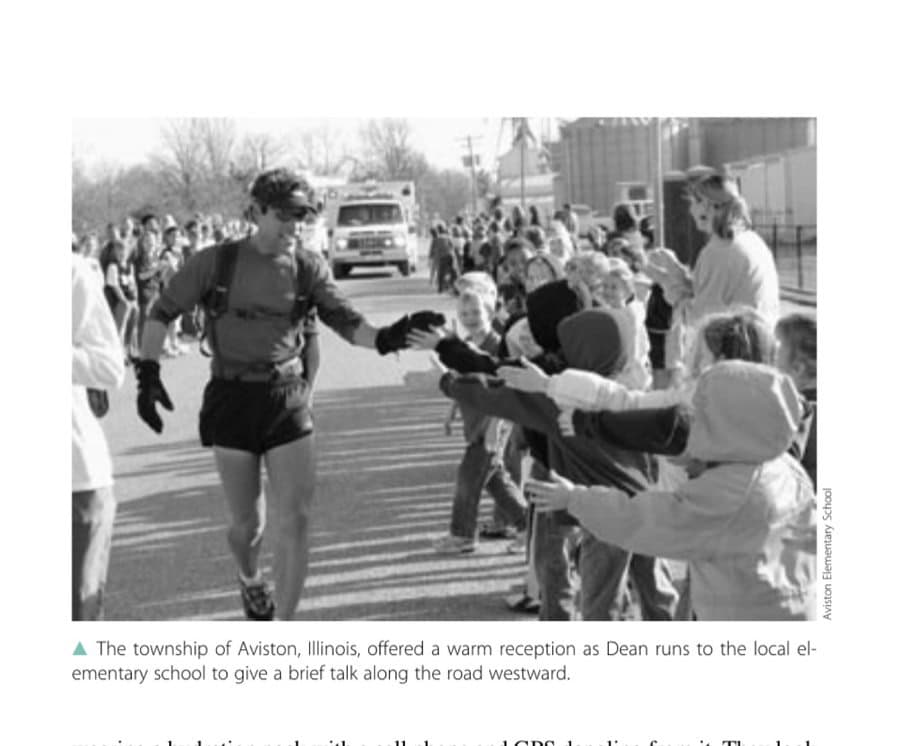 The township of Aviston, Illinois, offered a warm reception as Dean runs to the local elementary school to give a brief talk along the road westward.