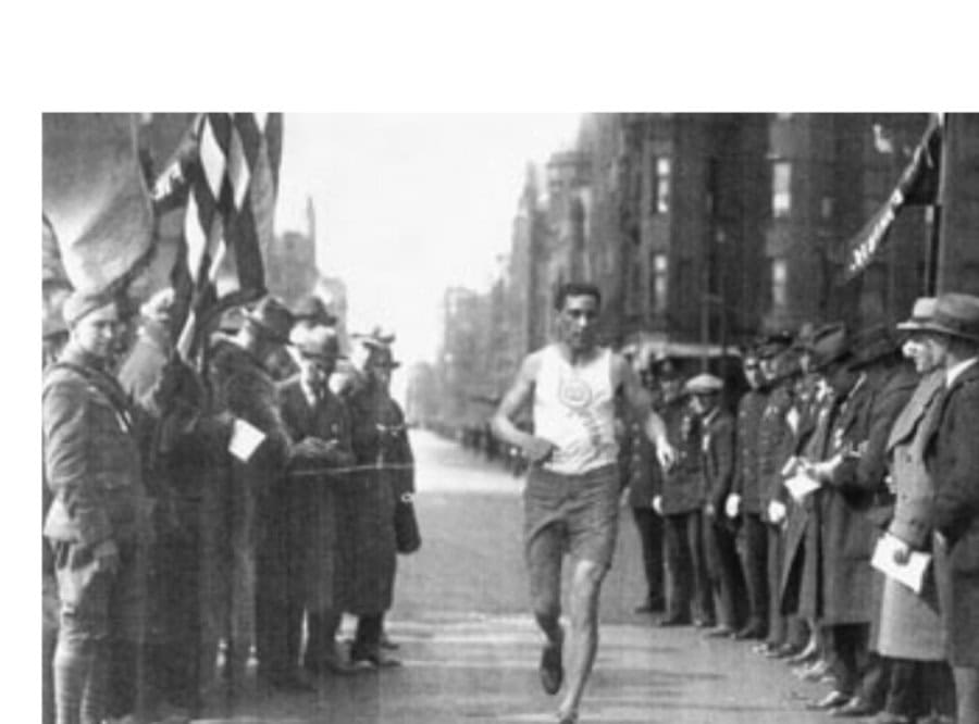 Frank Zuna, three-time Auto City Marathon winner (1923, 1924, and 1927), is shown here winning the 1923 Boston Marathon.