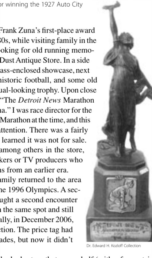 Frank Zuna's first-place trophy for winning the 1927 Auto City Marathon.