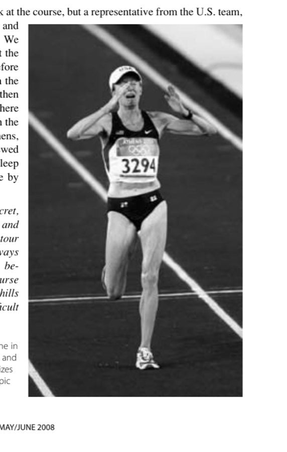 Deena crosses the finish line in Athens with tears in her eyes and shock on her face as she realizes her goal of winning an Olympic medal.
