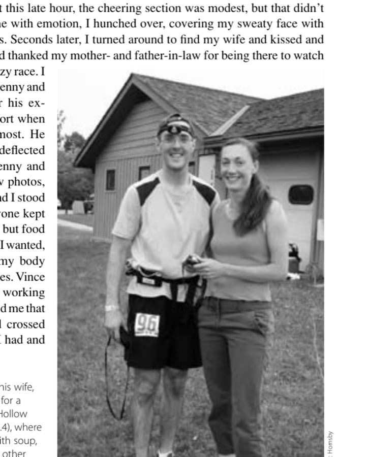 The author and his wife, Anne, quickly pose for a photo at the Pine Hollow aid station (mile 74.4), where she greeted him with soup, moral support, and other necessities.