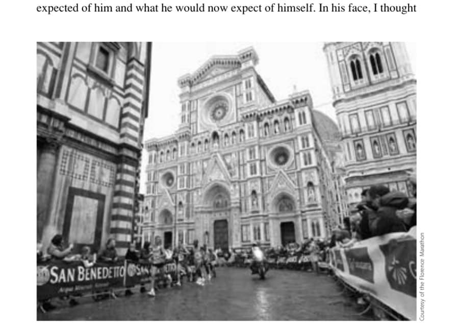 Marathoners cruise through the piazza (del Duomo) in front of the Giotto Tower, a masterpiece of Florentine Gothic architecture.