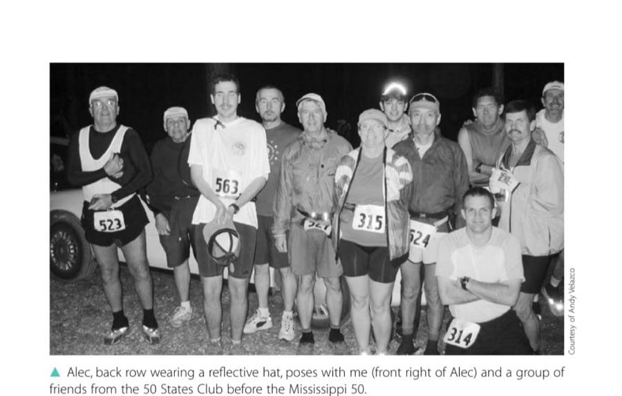 Alec, back row wearing a reflective hat, poses with me (front right of Alec) and a group of friends from the 50 States Club before the Mississippi 50.