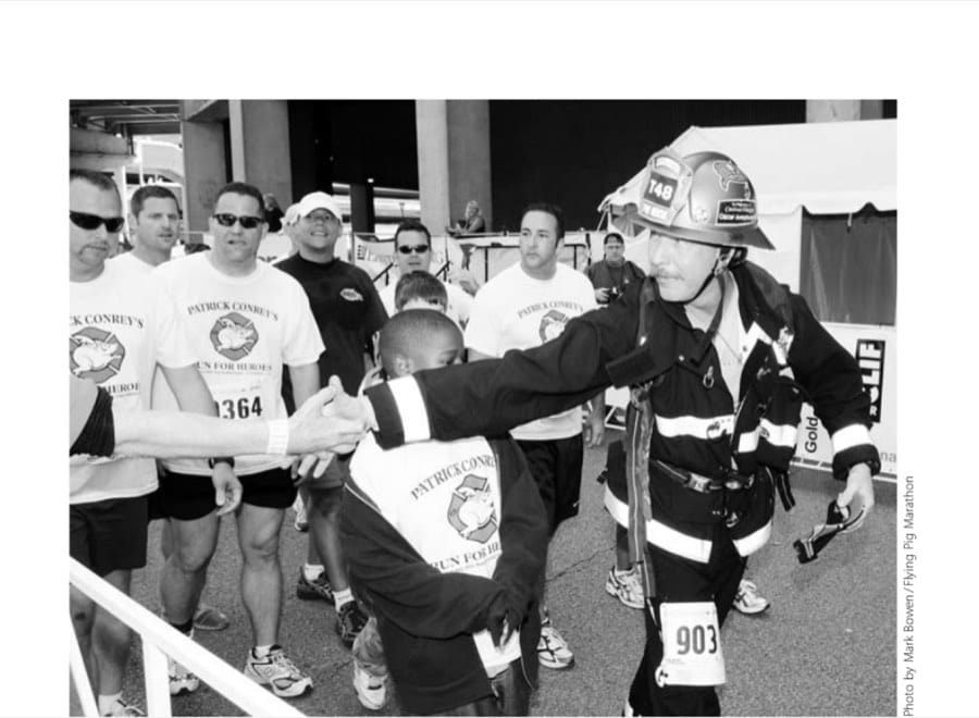 Worst-Case Scenario 7 ▲ After fellow firefighters in Cincinnati quelled a fire on race morning, Florida firefighter Pat Conrey, who completed the marathon in full fire gear, reaches the finish line after running in honor of three Cincinnati area firefighters who had recently died in the line of duty.