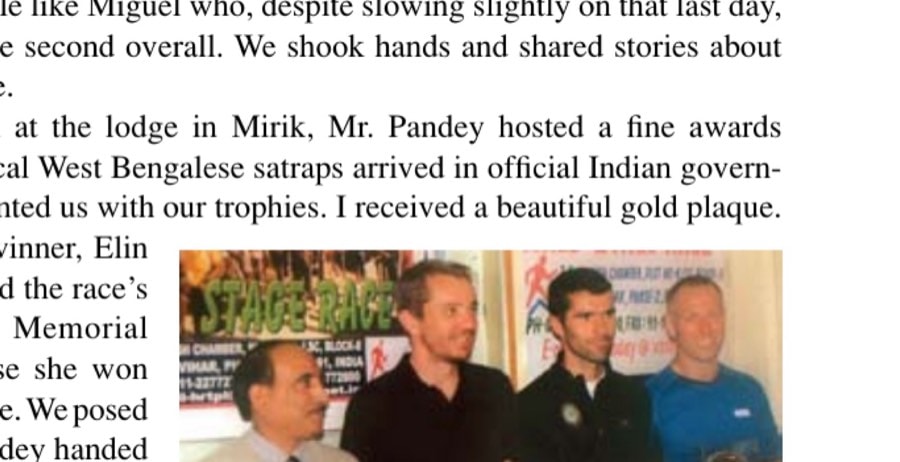 Showered and rested: author Duncan Larkin (third from right), Miguel (to Duncan's right), and third-place finisher Alan Colley receive their awards from an Indian official (far left).