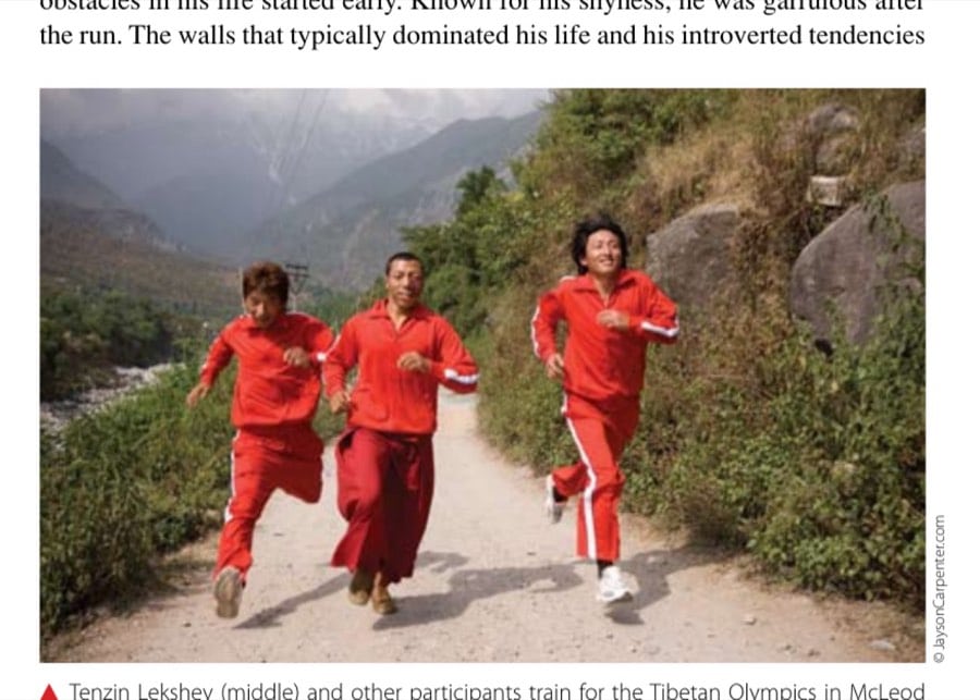 Tenzin Lekshey (middle) and other participants train for the Tibetan Olympics in McLeod Ganj, India.