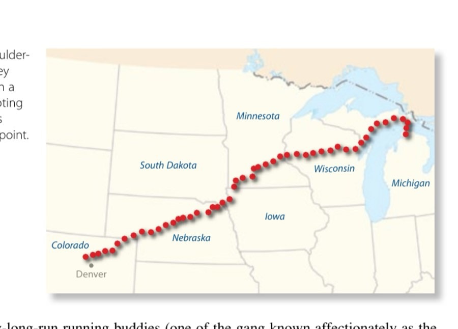 The Boulder-to-Petoskey route, with a marker noting each day's stopping point.