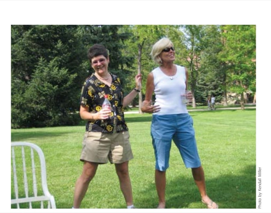 Author Paula Vaughan (left) and her logistics wizard, Deb Mooney, celebrating at Paula's University of Colorado retirement party—when training and planning began in earnest.