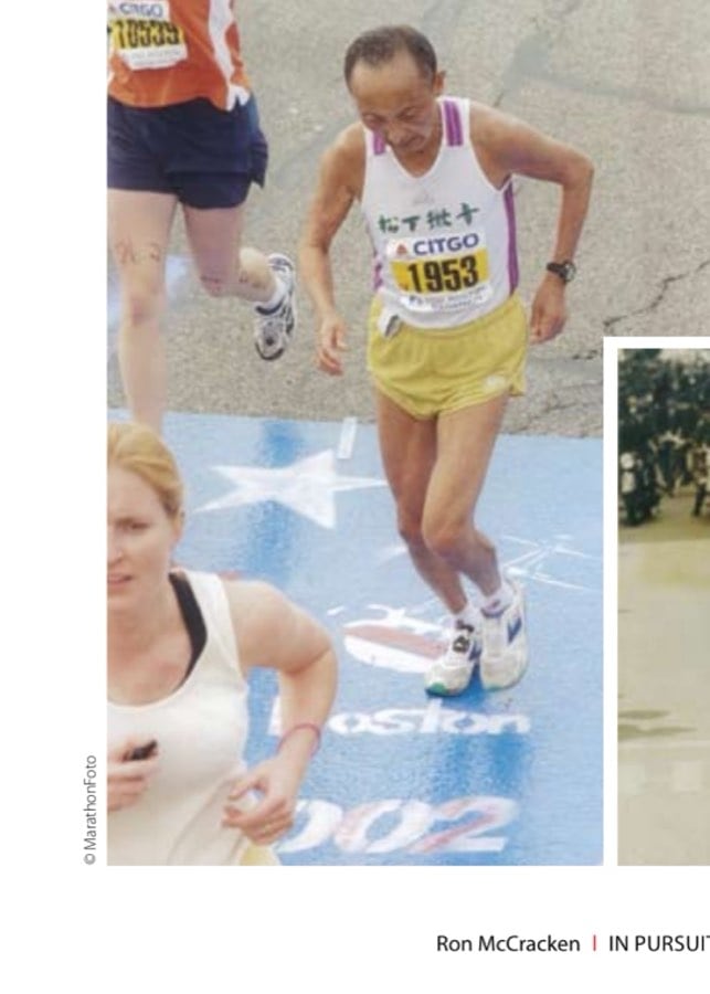 In Pursuit of Ghosts and Unicorns 13 Keizo Yamada (left) of Japan, age 79, continues to run Boston 55 years after his 1953 triumph (inset photo). A doctor told him before the 1953 race that he was "too frail" to run marathons.