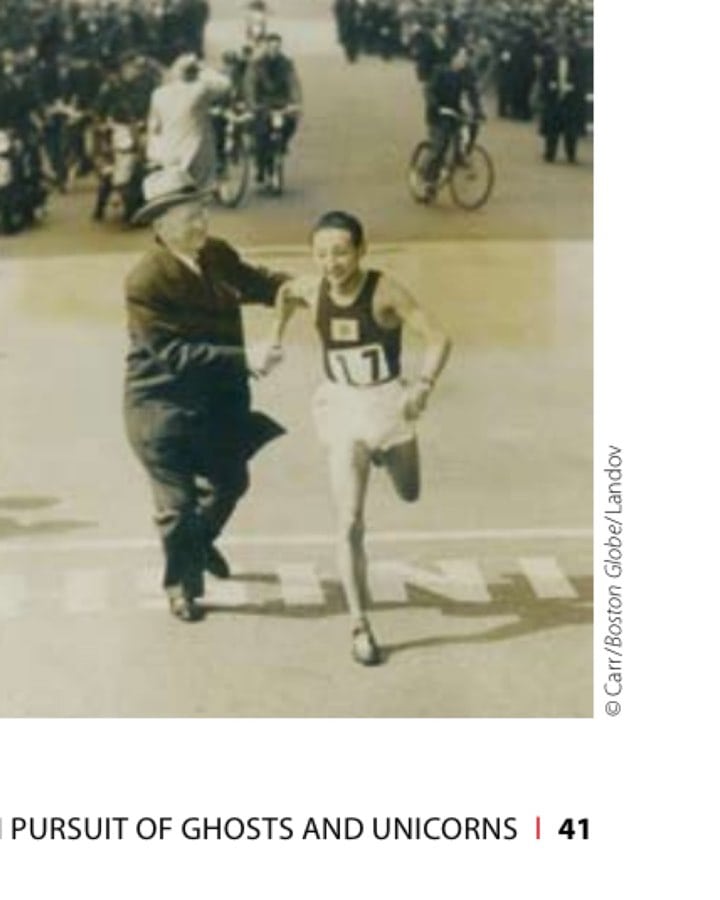 In Pursuit of Ghosts and Unicorns 14 Keizo Yamada (left) of Japan, age 79, continues to run Boston 55 years after his 1953 triumph (inset photo). A doctor told him before the 1953 race that he was "too frail" to run marathons.