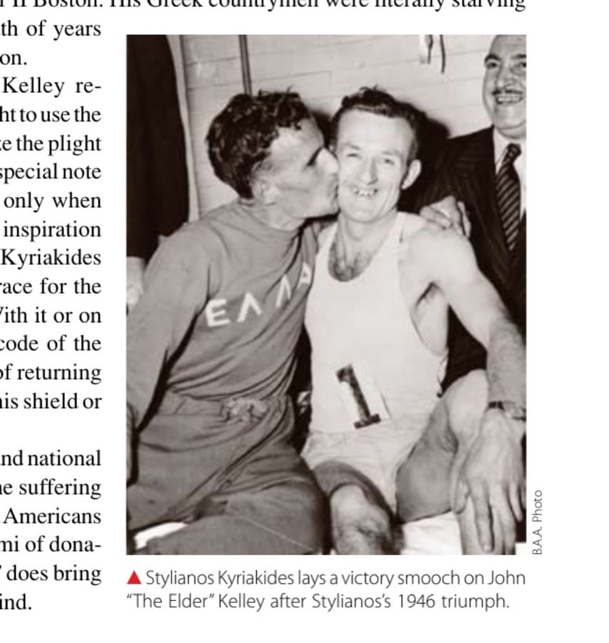 In Pursuit of Ghosts and Unicorns 15 Stylianos Kyriakides lays a victory smooch on John "The Elder" Kelley after Stylianos's 1946 triumph.