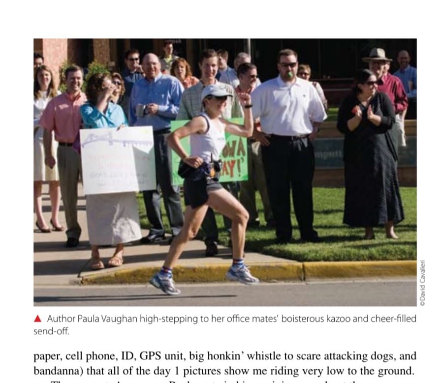 Author Paula Vaughan high-stepping to her office mates' boisterous kazoo and cheer-filled send-off.