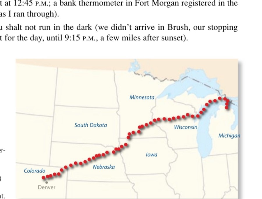 The Boulder-to-Petoskey route, with a marker noting each day's stopping point.