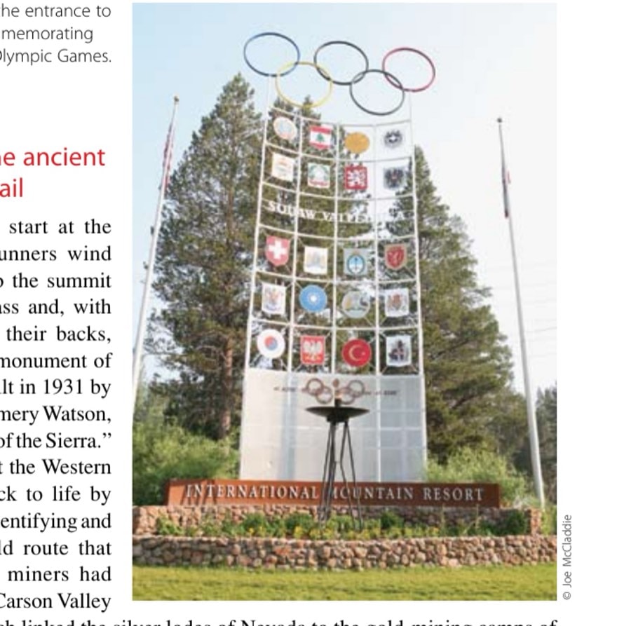 Monument at the entrance to Squaw Valley commemorating the 1960 Winter Olympic Games.