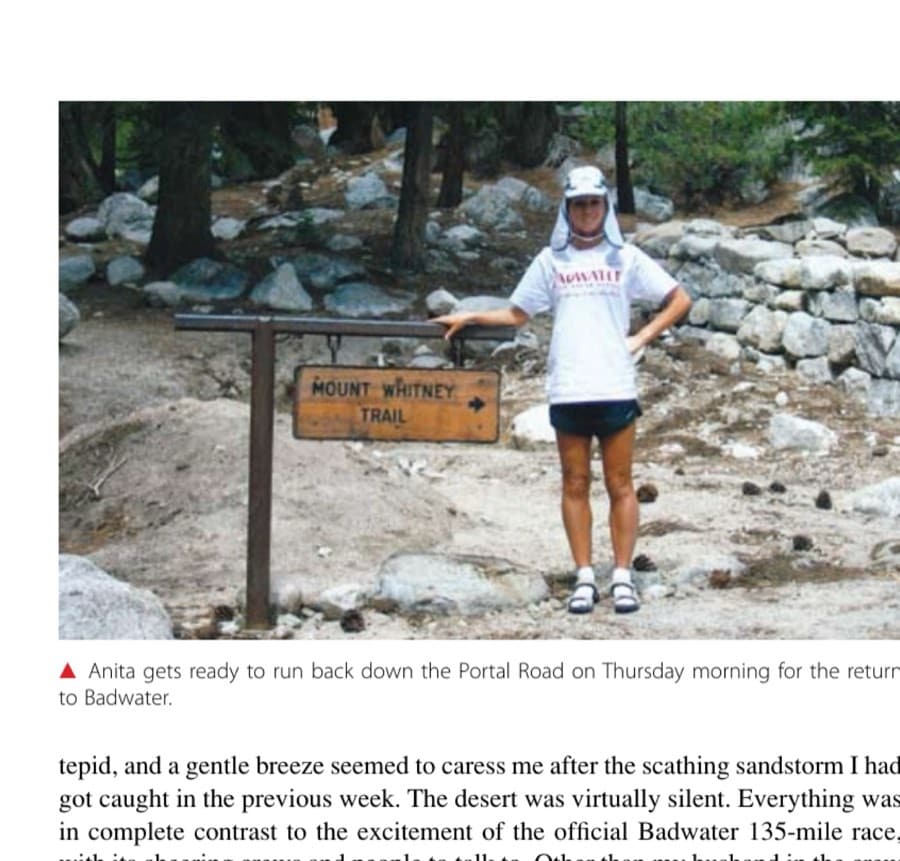 Anita gets ready to run back down the Portal Road on Thursday morning for the return to Badwater.