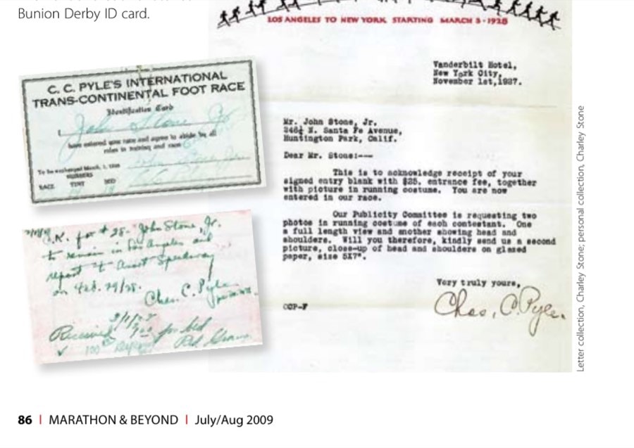 Letter from Charley Pyle to John Stone, Jr., November 1, 1927, regarding his entry in the Bunion Derby. Inset: The front and back of Stone's Bunion Derby ID card.