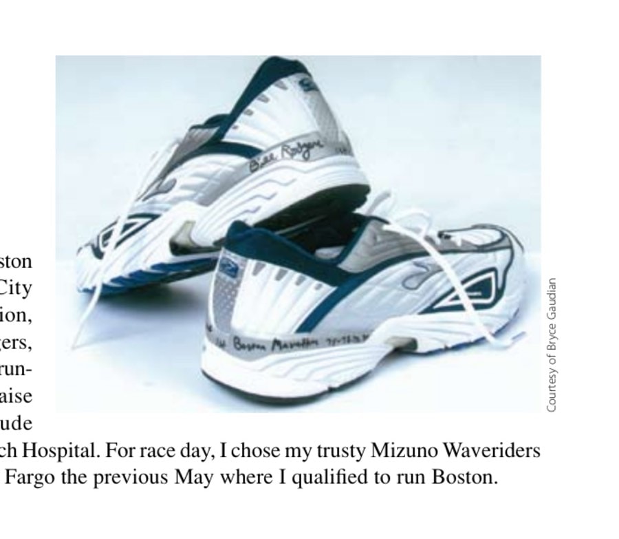 My Most Unforgettable Marathon (Vol. 13, No. 4) 23 Bill Rodgers autographed the running shoes the author trained in for Boston 2008.