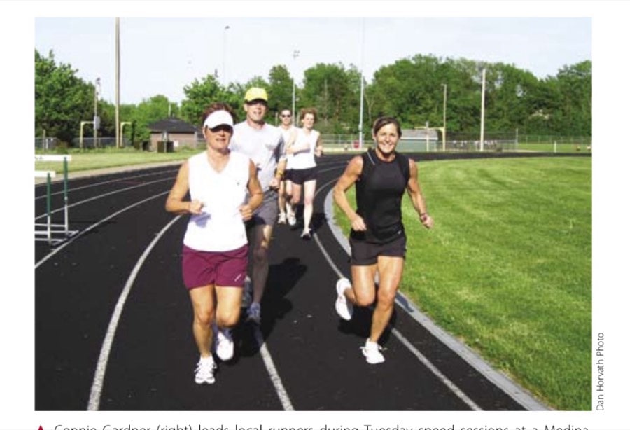 Connie Gardner 12 Connie Gardner (right) leads local runners during Tuesday speed sessions at a Medina, Ohio school track.