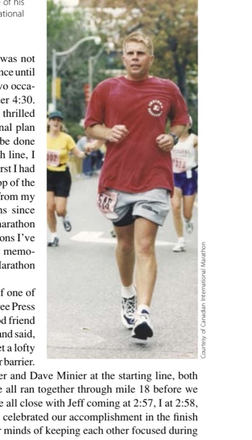 My Most Unforgettable Marathon: November/December 2009 9 The author approaching the finish line of his first marathon, the 1998 Canadian International Marathon.