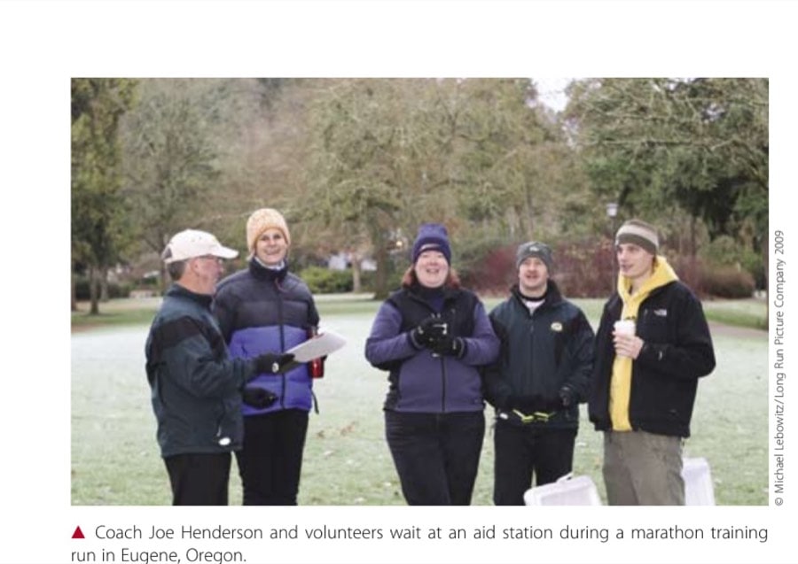 Choosing The Perfect Marathon Training Program 15 Coach Joe Henderson and volunteers wait at an aid station during a marathon training run in Eugene, Oregon.