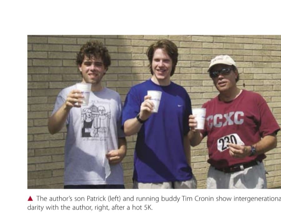Going For The All-Geezerteam 9 The author's son Patrick (left) and running buddy Tim Cronin show intergenerational solidarity with the author, right, after a hot 5K.