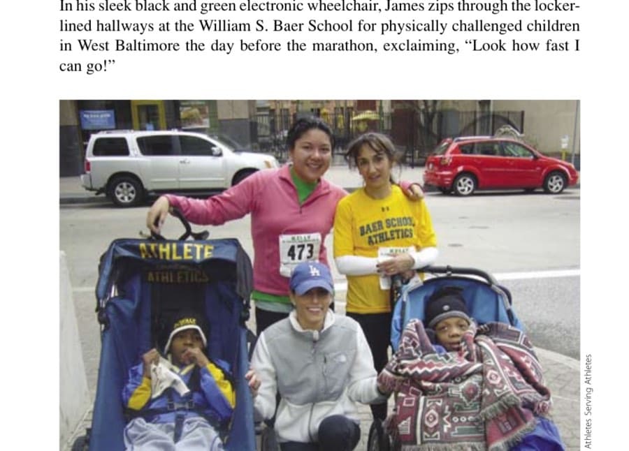 Pushing To The Finish Line 12 Diana Desierto (pink shirt), Nancy Doran (yellow shirt), and Lauren Altman (kneeling), all teachers at the William S. Baer School, help James Banks (front left) and Tyquon Ward (front right) complete the Kelly Shamrock 5K in March 2009.
